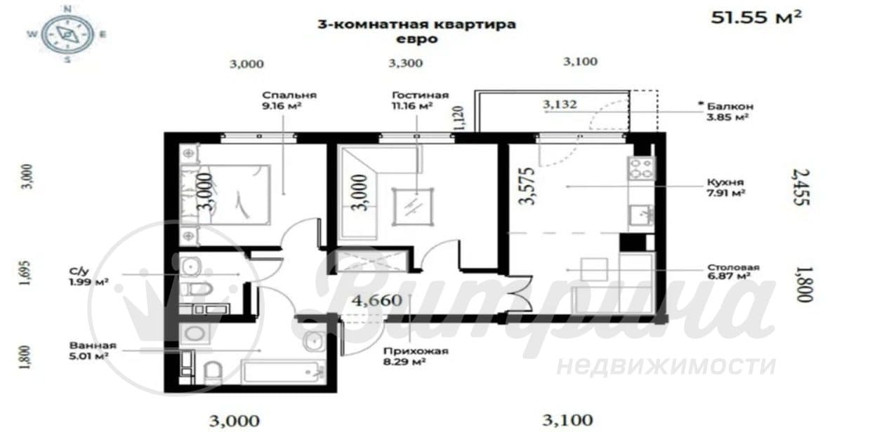 3-комнатная квартира евро, ЖК Oz zamin  — 2