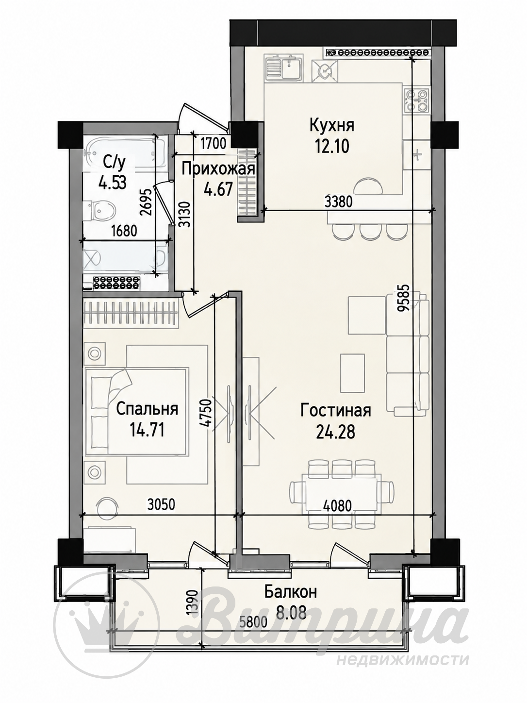 ЖК "Venera Residence" 2комнатная Коробка